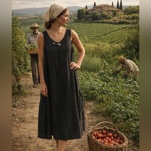 C C Collection Italian-Inspired Black Linen Shift Dress Minimalist Sleeveless M